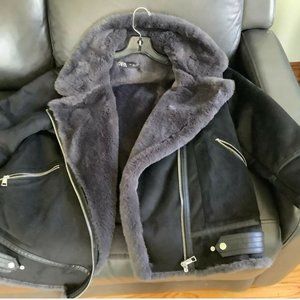 Zara Faux Shearling Leather Moto Jacket Aviator Biker Black Womens Sz L